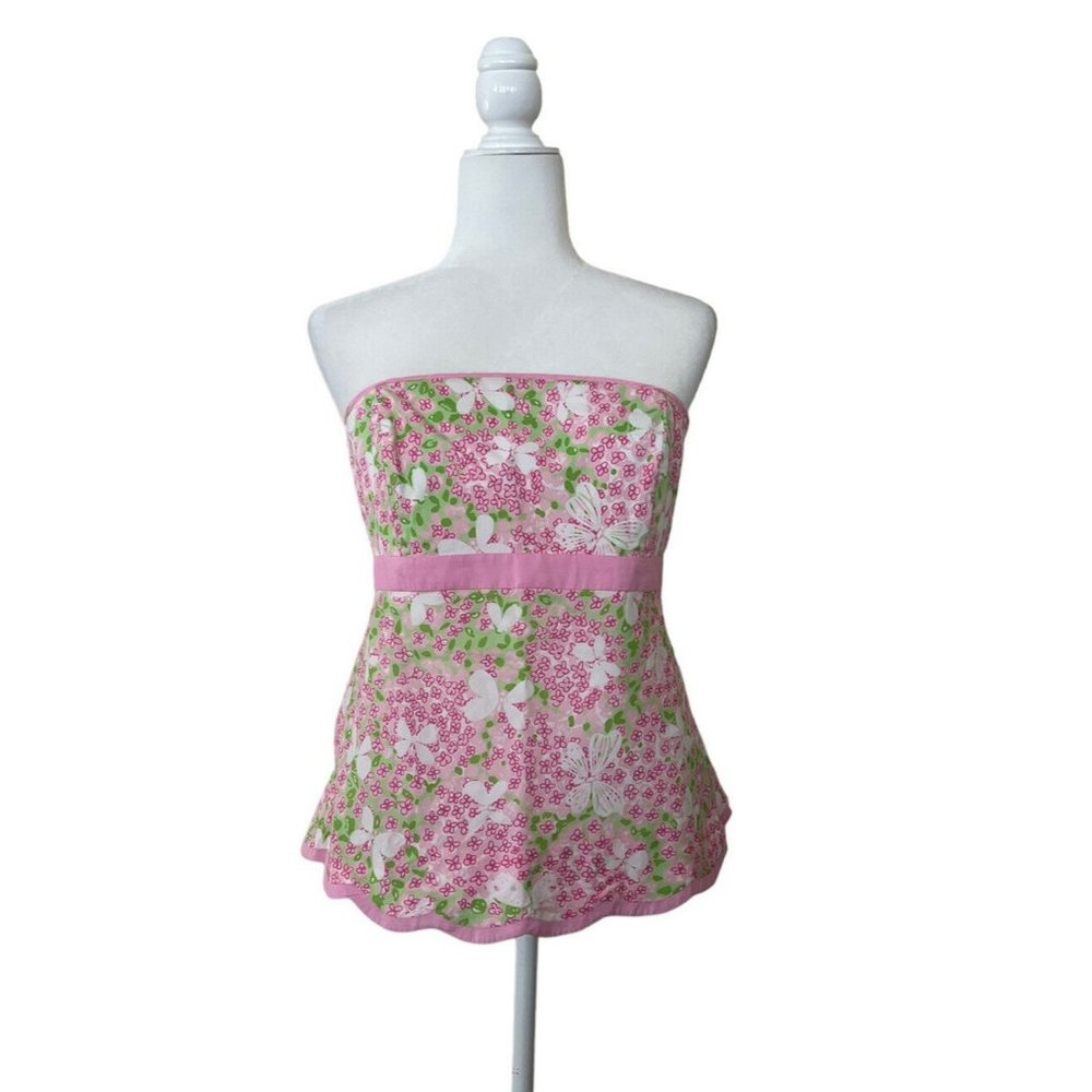 Lilly Pulitzer Womens Sz 12 Strapless Top Butterfly Flowers Resort Beach Spring